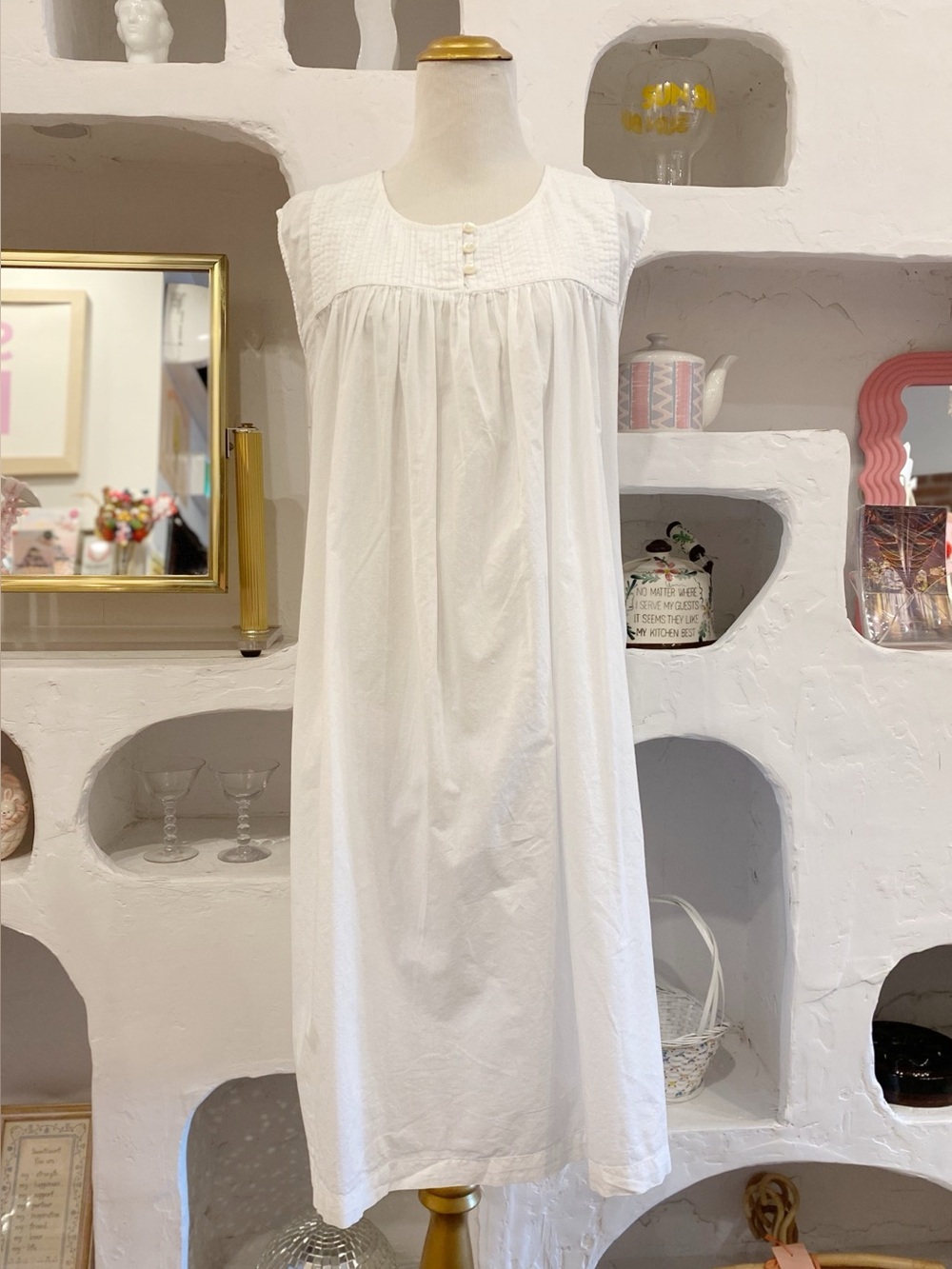 April Cornell Cottage Classic White Long Pleated Cotton Nightgown - Sleeveless